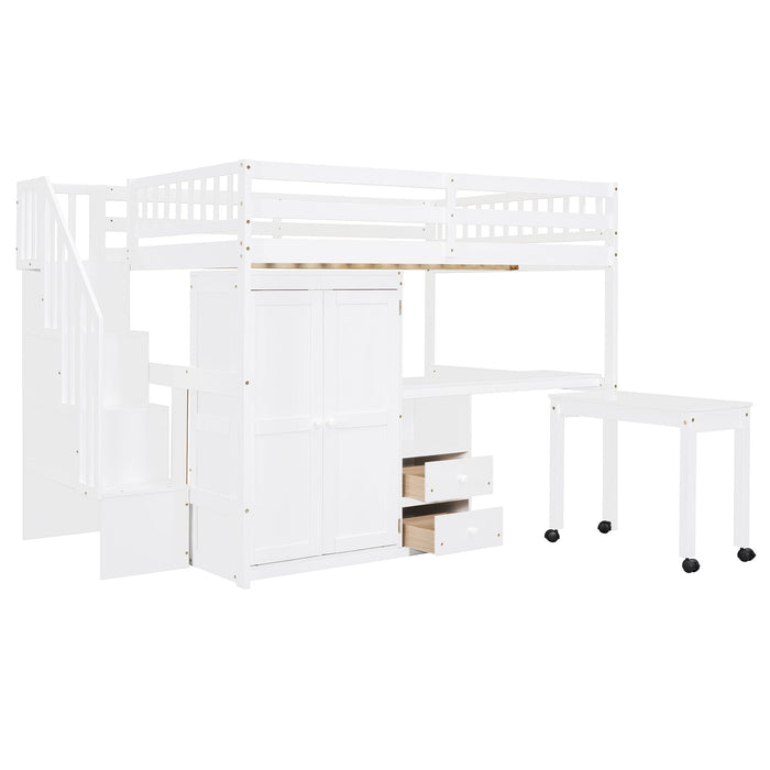 Loft Bed With Stairs, Bookshelf, Drawers, Desk & Wardrobe, Space Saving Multifunctional Furniture