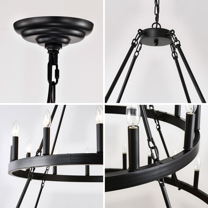 2 Tiers Wagon Wheel Chandelier Wooden Farmhouse 36 Light (24 / 12) Or (12 / 24) Metal Chandeliers 2 Story Light Fixtures Industrial For High Ceiling Living Dining Room Foyer, Adjustable Height - Black