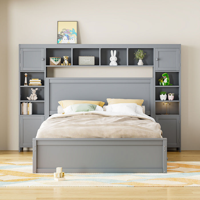 Queen Size Wooden Bed With All In One Cabinet, Shelf And Sockets - Gray