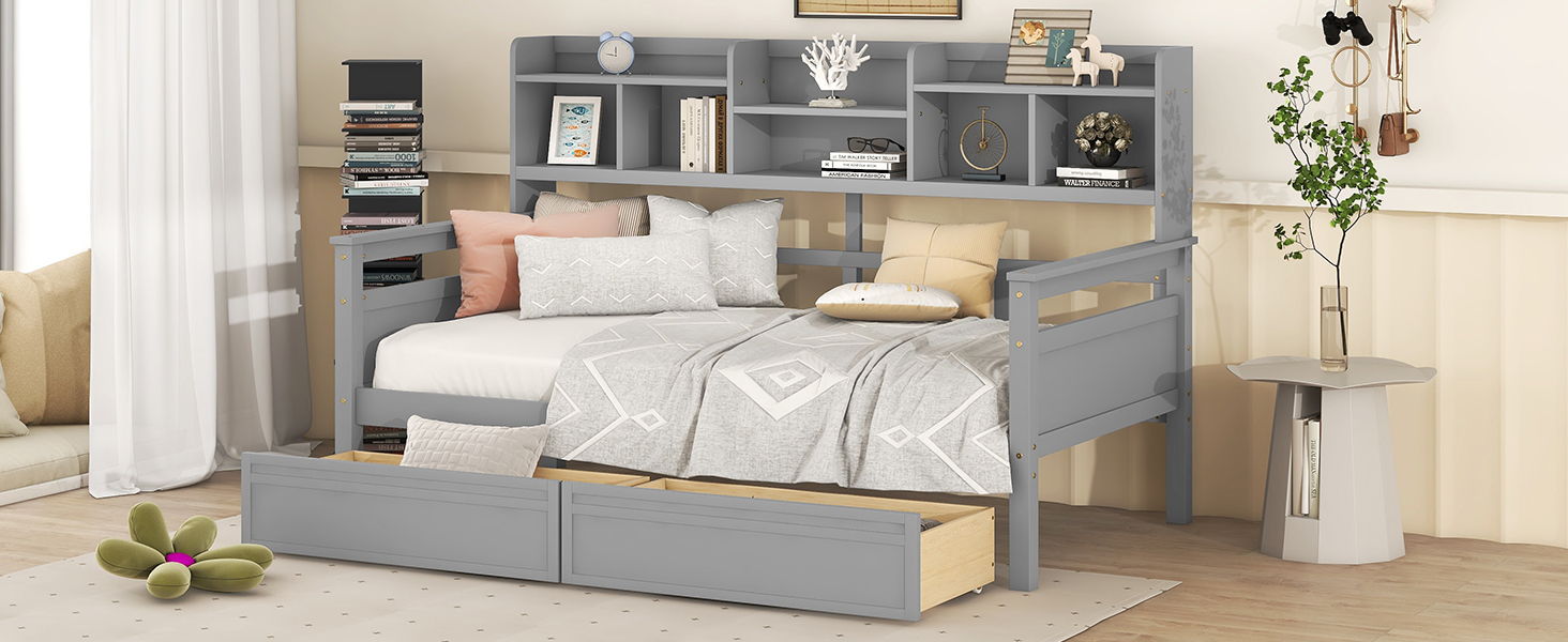 Daybed, Slat Support, With Bedside Shelves And 2 Drawers