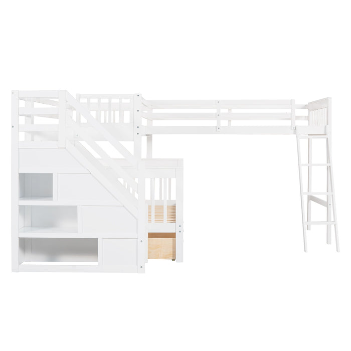 Solid L Shaped Bunk Bed With 3 Drawers, Ladder And Staircase