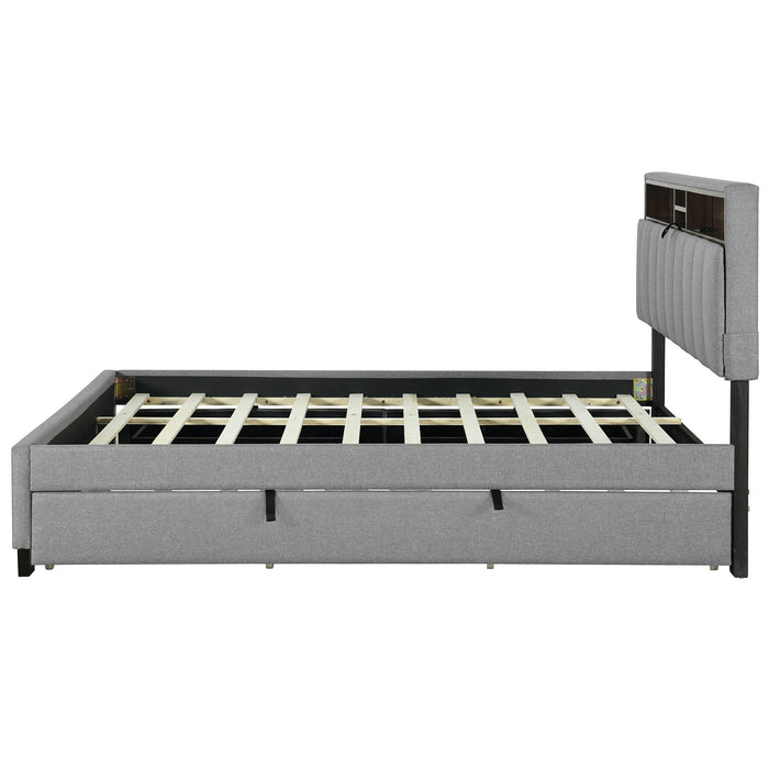 Upholstered Platform Bed With Storage Headboard, Trundle & 2 Drawers And A Set Of Sockets & USB Ports
