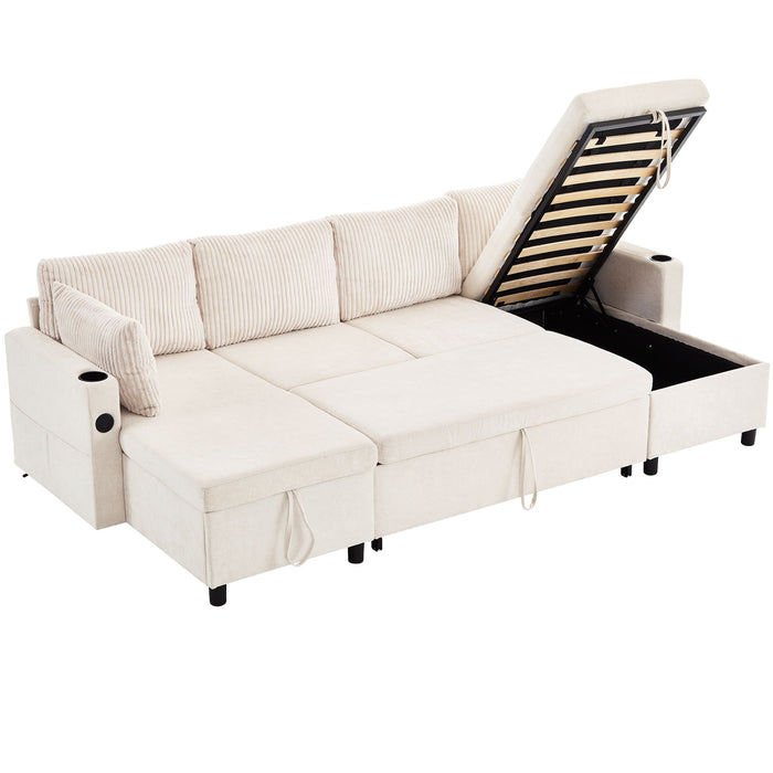 Sectional Sofa Bed With Pull Out Sleeper, USB Ports, Cup Holders