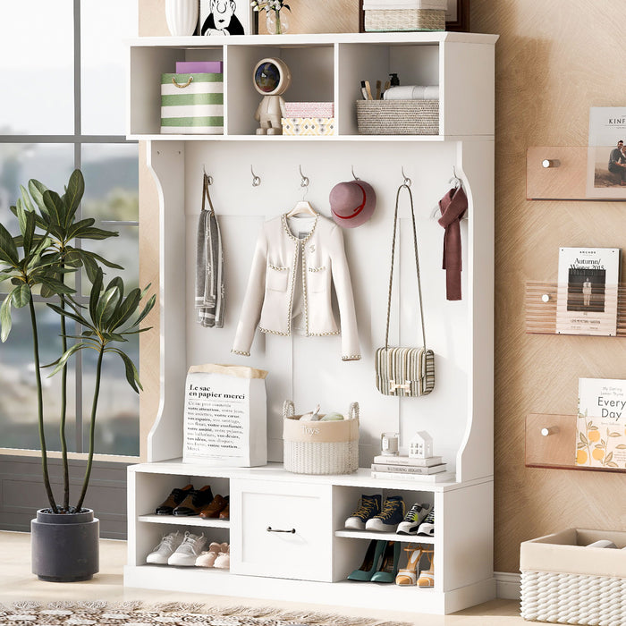 Hall Tree With 6 Hooks, Coat Hanger, Entryway Bench