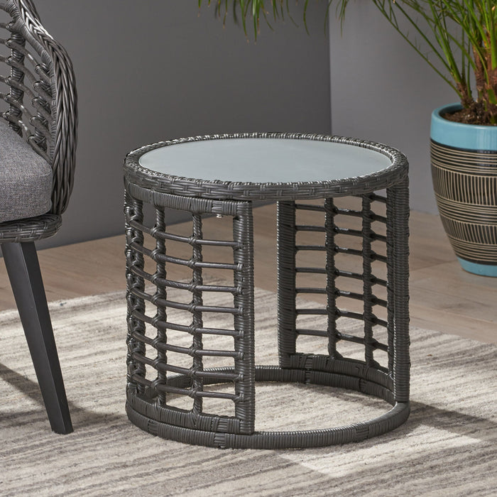 Achill - Outdoor Modern Boho Wicker Side Table With Glass Top - Gray