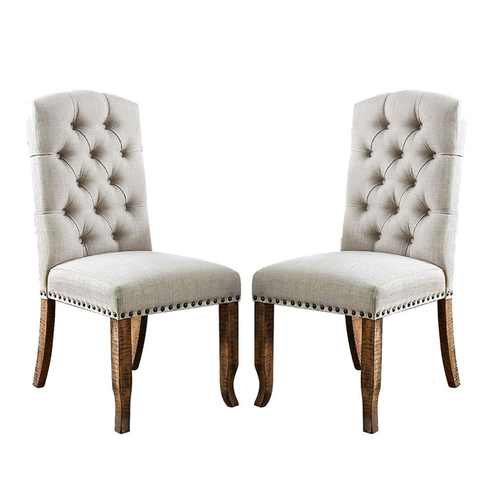 (Set of 2) Ivory Fabric Upholstered Dining Chairs In Rustic Oak Finish