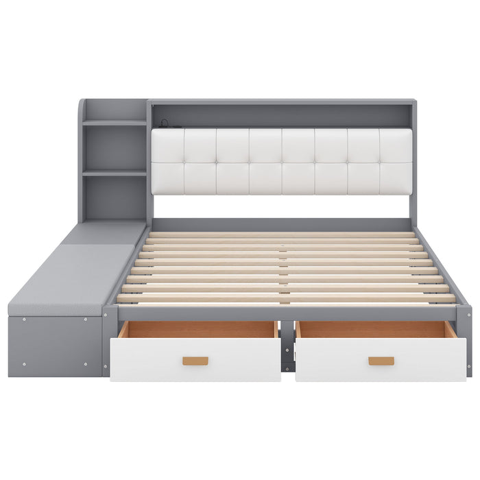 Queen Size Low Profile Platform Bed Frame With Upholstery Headboard And Storage Shelves And Drawers, Gray
