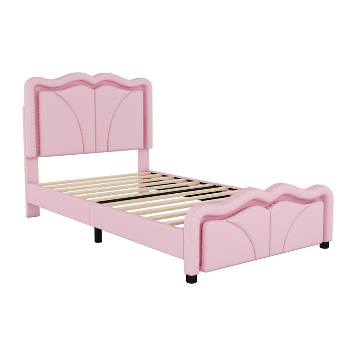 Upholstered Platform Bed & Curve Shaped And Height Adjustable Headboard, LED Light Strips