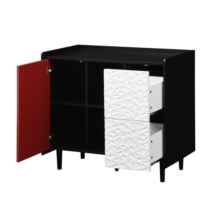 Modern Sideboard Buffet Cabinet With Red Doors And Unique Panel Styling