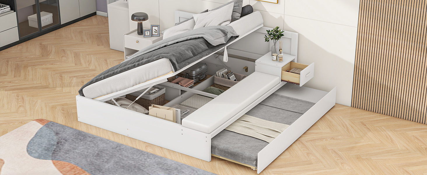 Full Size Wood Storage Hydraulic Platform Bed With Twin Size Trundle, Side Table And Lounge, White