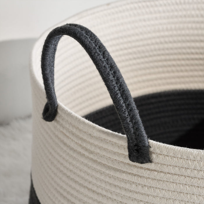 Cotton Round Laundry And Storage Basket With Sturdy Handles - Gray / White