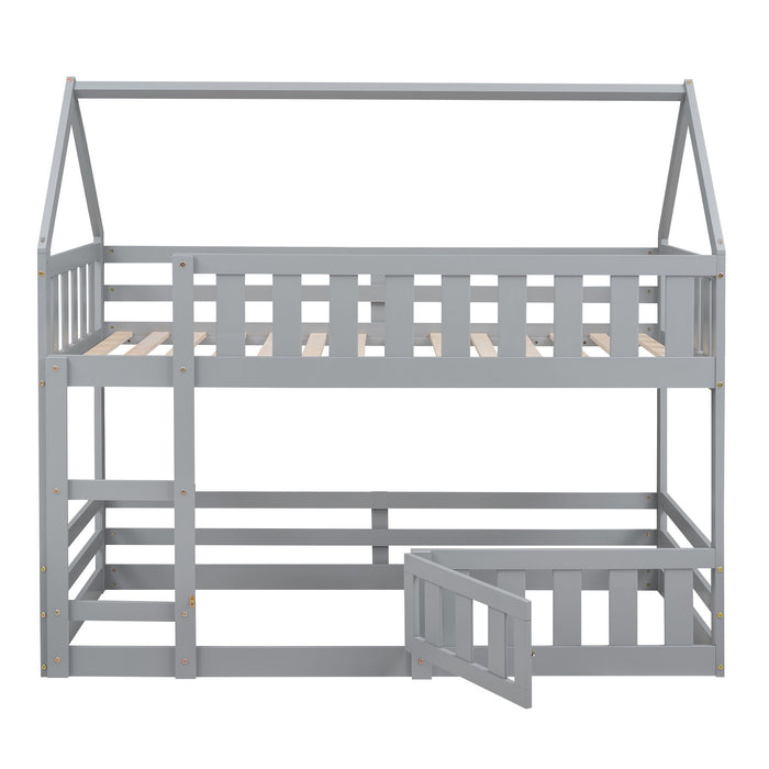 Twin Over Twin House Bunk Bed With Fence And Door