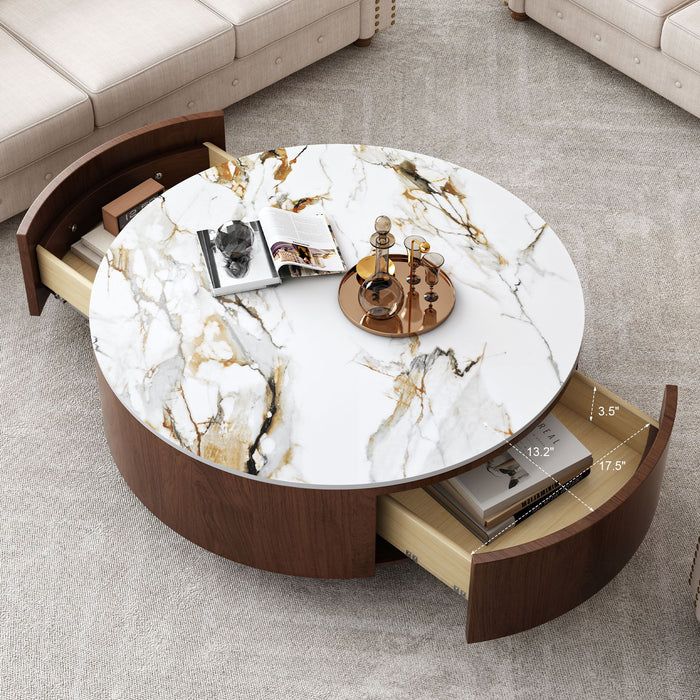 Round Coffee Table With 2 Drawers For Living Room - Walnut Brown / White / Multi