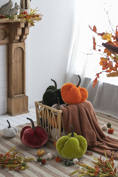 Velvet Weighted Pumpkin With Resin Stem Apple, Pumpkin Ornament Decor For Holiday Harvest Festival Fall Festival & Thanksgiving (Set of 2) - Green