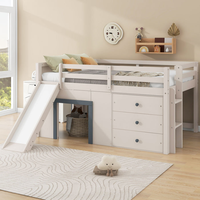 Modern Low Loft Bed With Slide, 3 Storage Drawers, And 2 Doors