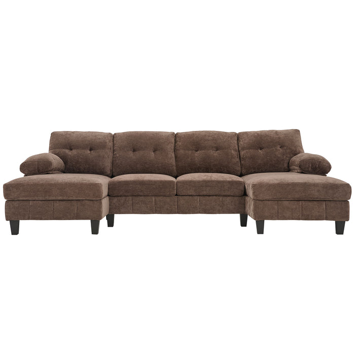 U-Shaped Sectional Sofa 103.5" Black Chenille Fabric Couch With Dual Chaise Lounges, Storage Pockets, Armrest Pillows