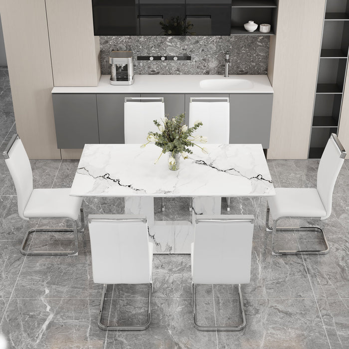 A Simple Dining Table. Dining Table With A White Marble Pattern. 6 PU Synthetic Leather High Backrest Cushioned Side Chairs With C-Shaped Silver Metal Legs