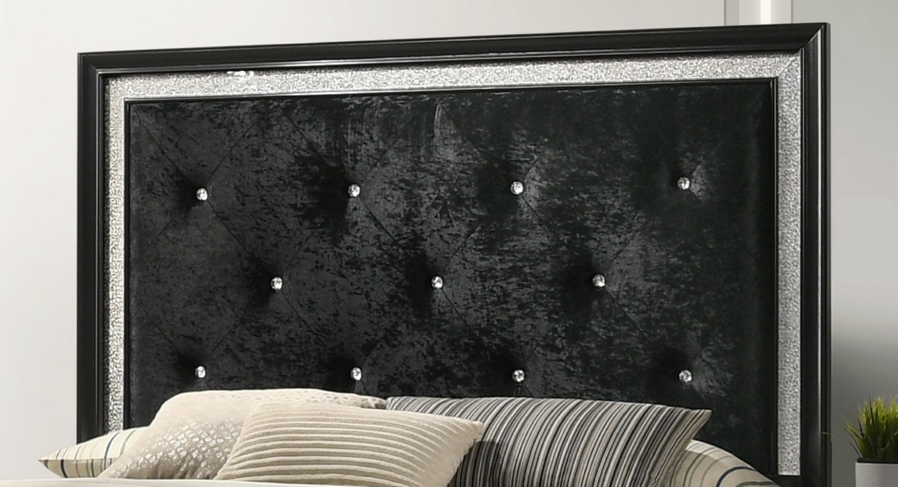 Modern Glam Style Black Finish Upholstered Queen Size Panel Bed Diamond Patterned Faux - Crystal Button Tufted Solid Wood Wooden Bedroom Furniture