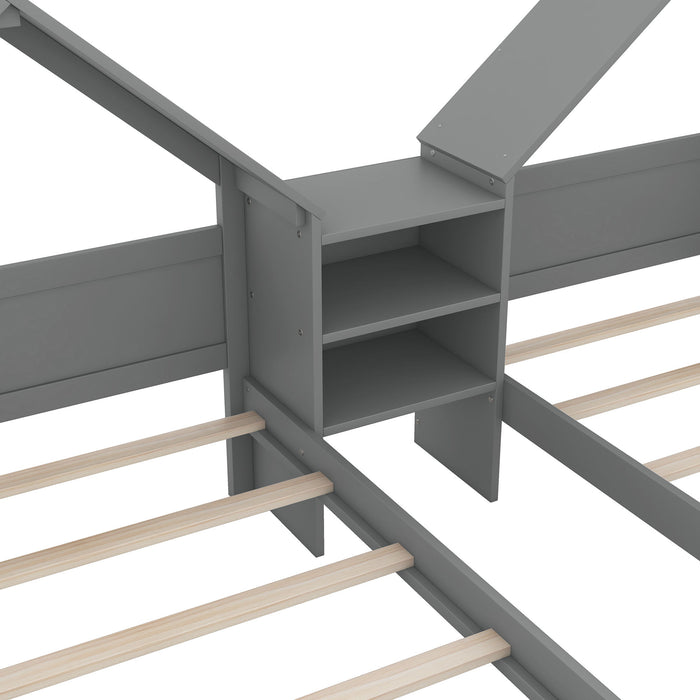 Double Platform Bed With House Shaped Headboard And Built In Nightstand