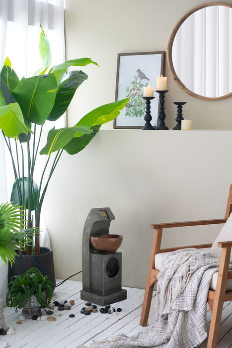 Sculptural Water Fountain With Bowl Basin, With Light And Pump, For Indoor And Outdoor - Brown / Black