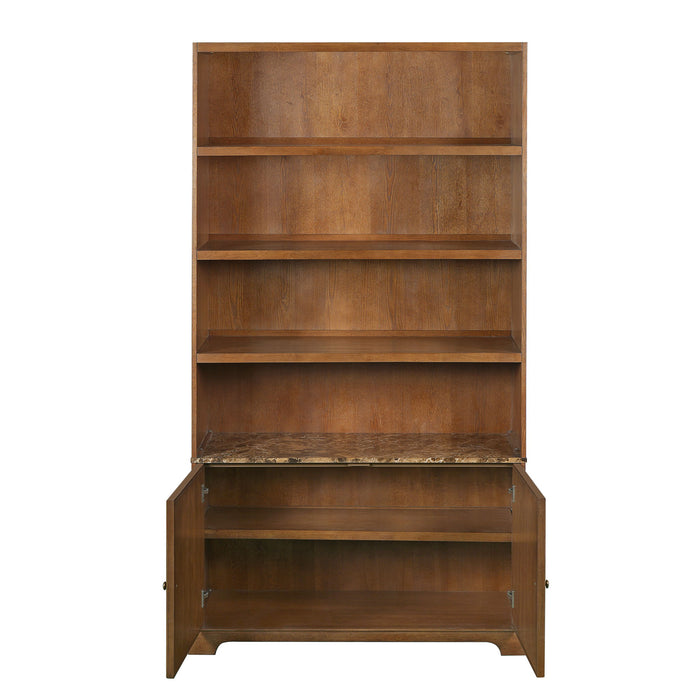 Tall Bookcase Storage Cabinet With 3 Open Shelves & Fluted Double Doors