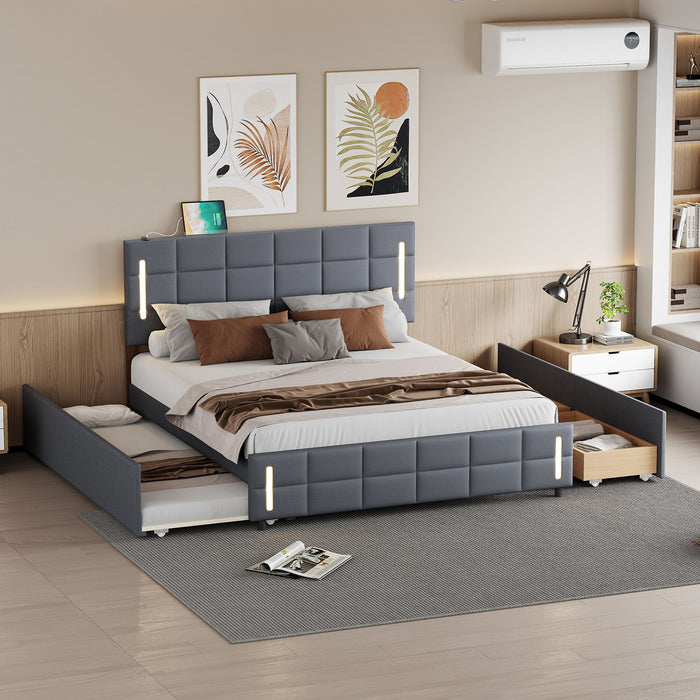 Upholstered Platform Bed With Trundle & Drawers