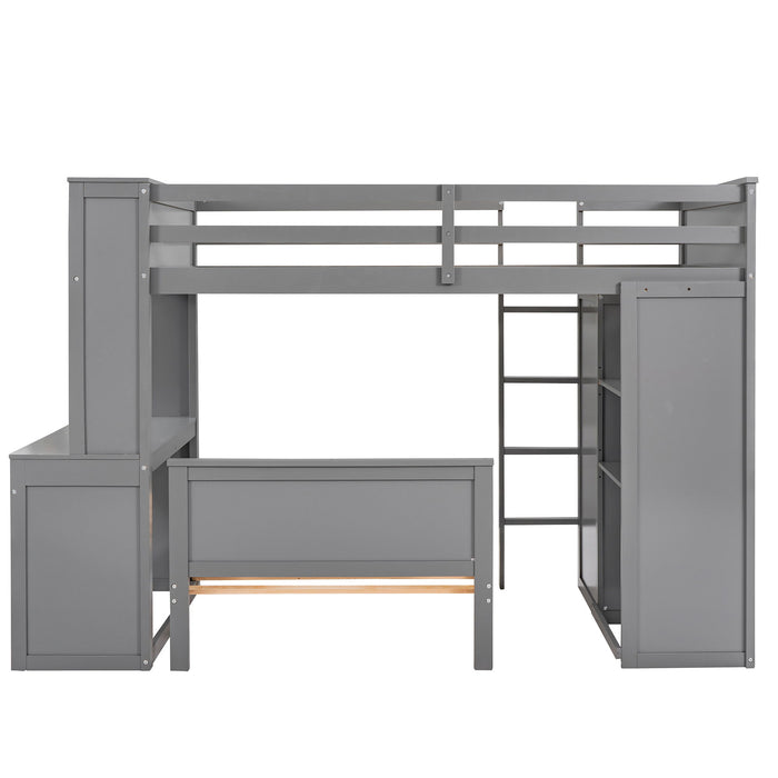 Loft Bed With A Stand Alone Bed, Shelves, Desk, And Wardrobe