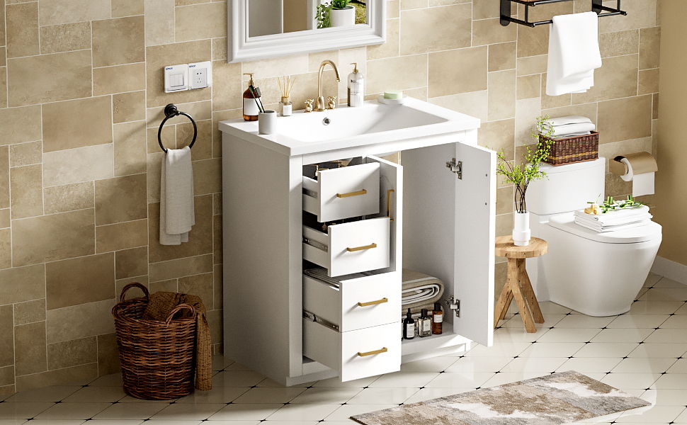 Ceramic Sink Combo, Freestanding Vanity Set With 3 Drawers & Soft Closing Doors