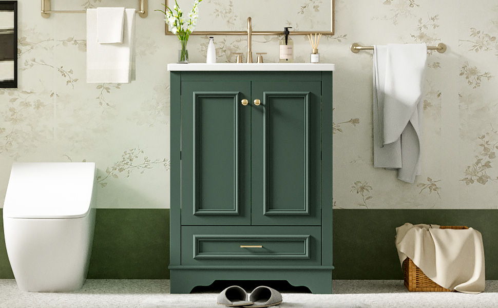 Bathroom Vanity With Ceramic Sink Combo, Modern Freestanding Storage Cabinet With Silver Handles