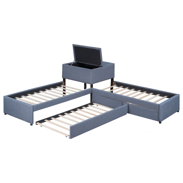 L Shaped Upholstered Platform Bed With Trundle And 2 Drawers Linked With Built In Desk