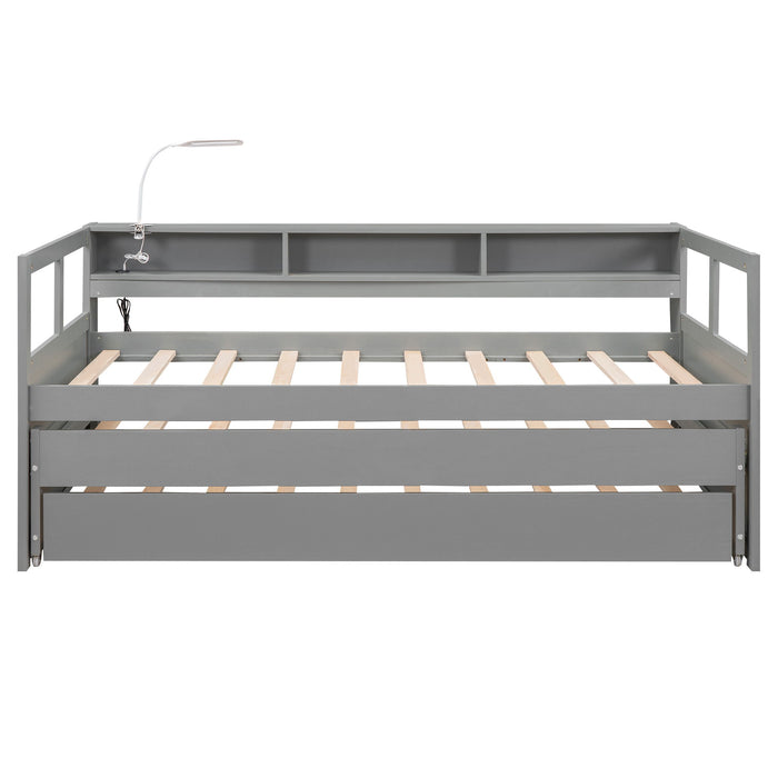 Daybed With 2 Trundles, 3 Storage Cubbies, Built In USB Charging Light