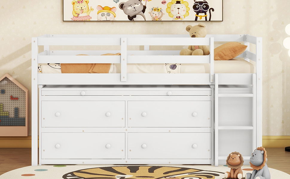 Loft Bed With Retractable Writing Desk And 4 Drawers, With Lateral Portable Desk And Shelves