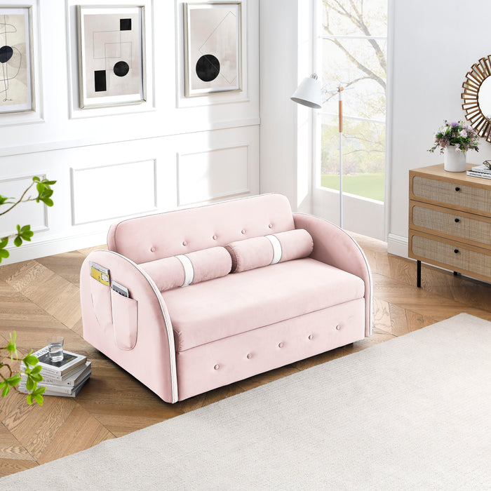 Modern 55.5" Pull Out Sleep Sofa Bed 2 Seater Loveseats Sofa Couch With Side Pockets, Adjsutable Backrest And Lumbar Pillows For Apartment Office - Pink