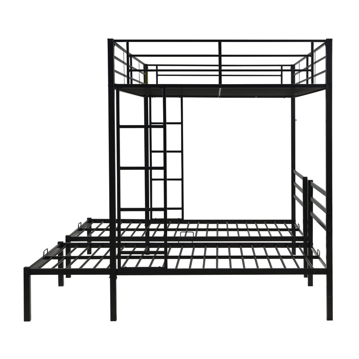Modern Metal Triple Bunk Bed With Vertical Ladder, Safety Rail, And Storage Shelf - Black