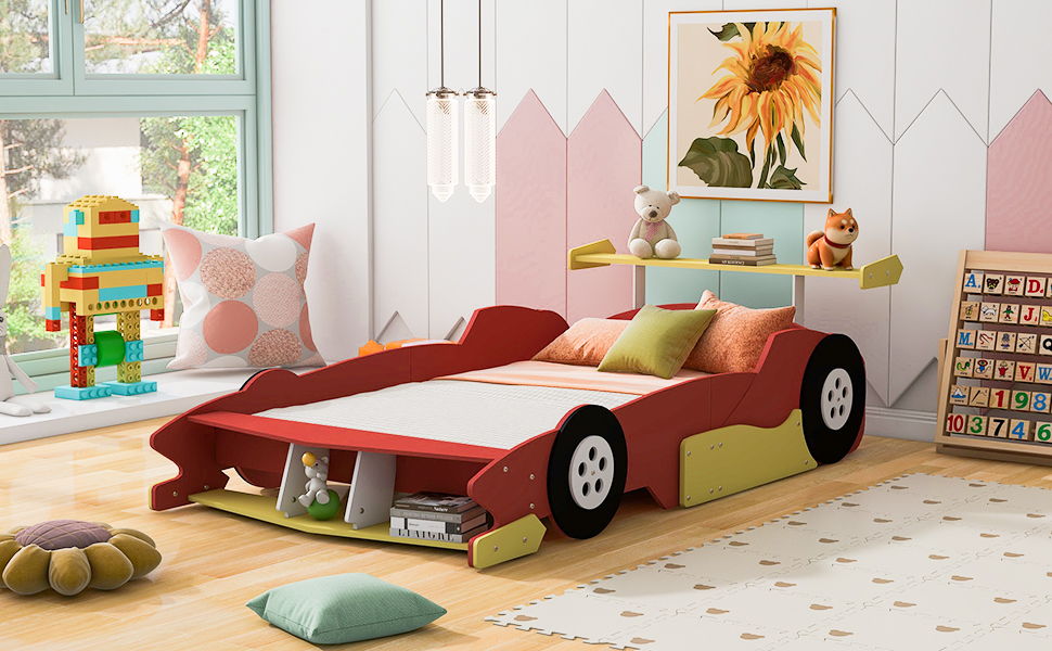 Race Car-Shaped Platform Bed With Wheels