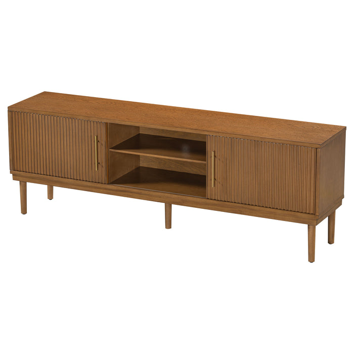 TV Stand With Vertical Slatted Doors And Sliding Panels, Solid Wood Legs - Brown