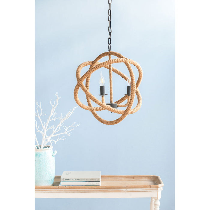 3 Light Farmhouse Chandelier, Rope Chandelier Globe Hanging Light Fixture With With Adjustable Chain For Kitchen, Bulb Not Included - Beige Brown