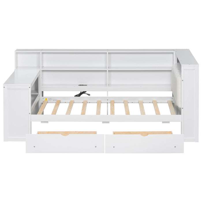 Platform Bed With Upholstered Headboard, Storage Shelves, Drawers, Charging Station, LED Lighting, Built In Desk