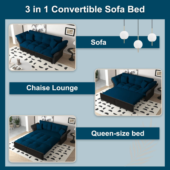 Queen Pull Out, 3 In 1 Convertible Sleeper Tufted Sofa & 2 Soft Pillows