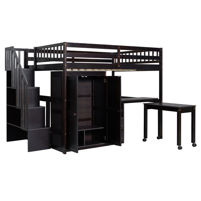 Loft Bed With Stairs, Bookshelf, Drawers, Desk & Wardrobe, Space Saving Multifunctional Furniture