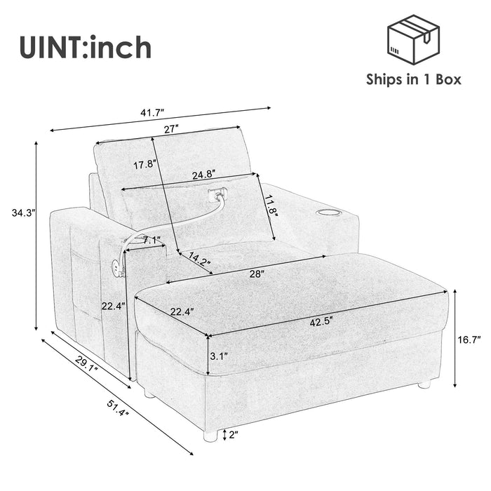 Modern Style Armchair Chaise Lounge Sofa Couch With Movable Storage Ottoman, USB Ports, Cup Holders, Phone Holder, Side Pockets
