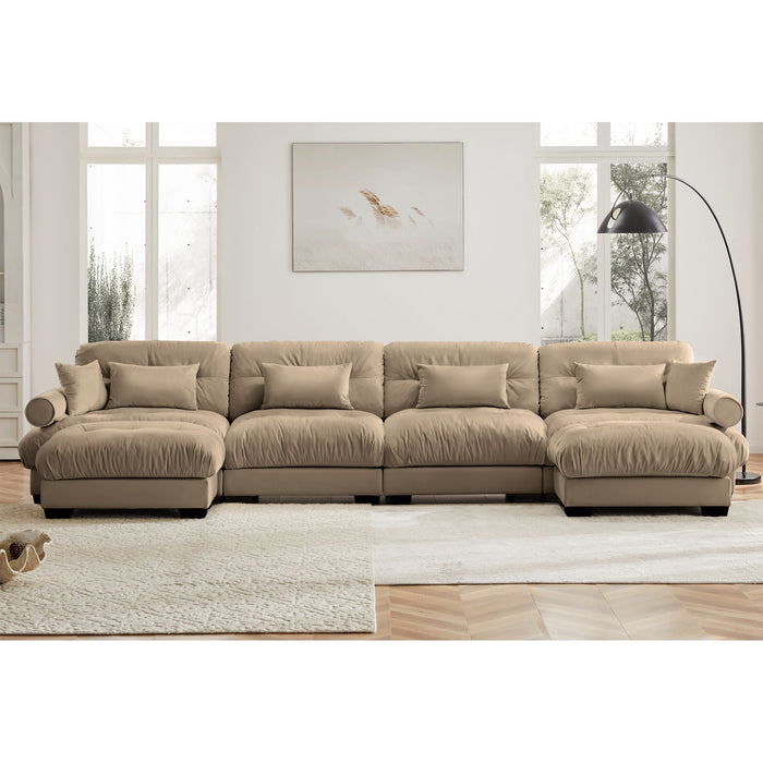 Modern Sectional Sofa With Ottoman, Round Bolster Armrests, Waist And Throw Pillows