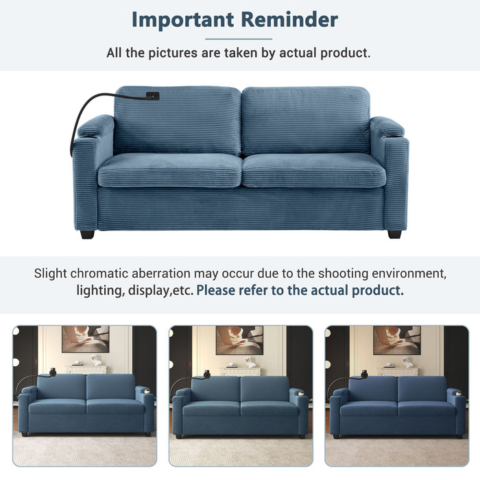 Corduroy Sleeper Sofa Loveseat Sofa With Full Size Mattress, 2 USB Ports, 2 Cup Holders, 2 Side Pockets And Phone Holder