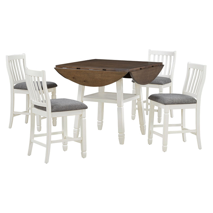 Trexm 5 Piece Counter Height Dining Table Set In 2 Table Sizes With 4 Folding Leaves And 4 Upholstered Chairs For Dining Room (Espresso / White / Gray Cushion)