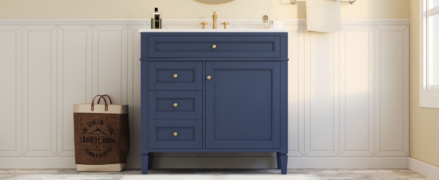 Bathroom Vanity With Top Sink, Modern Bathroom Storage Cabinet, 2 Drawers And A Tip-Out Drawer, Single Sink Bathroom Vanity - Blue