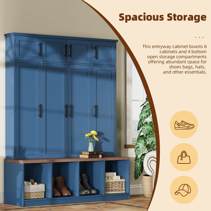 Farmhouse Hall Tree With 4 Hidden Hanging Hooks And 8 Doors