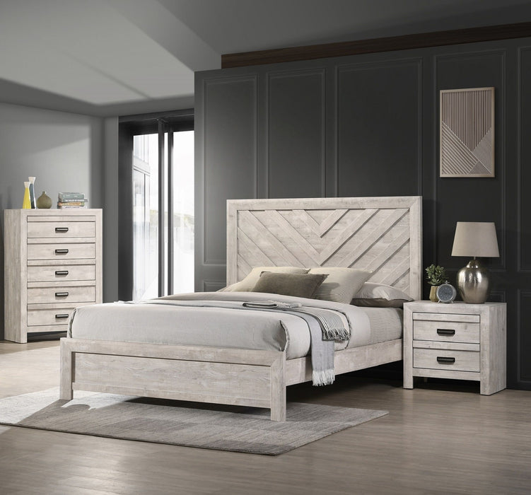 Queen Size Bed Rustic Beige Gray Finish Wooden Bedroom Furniture Geometric Design Chevron Pattern