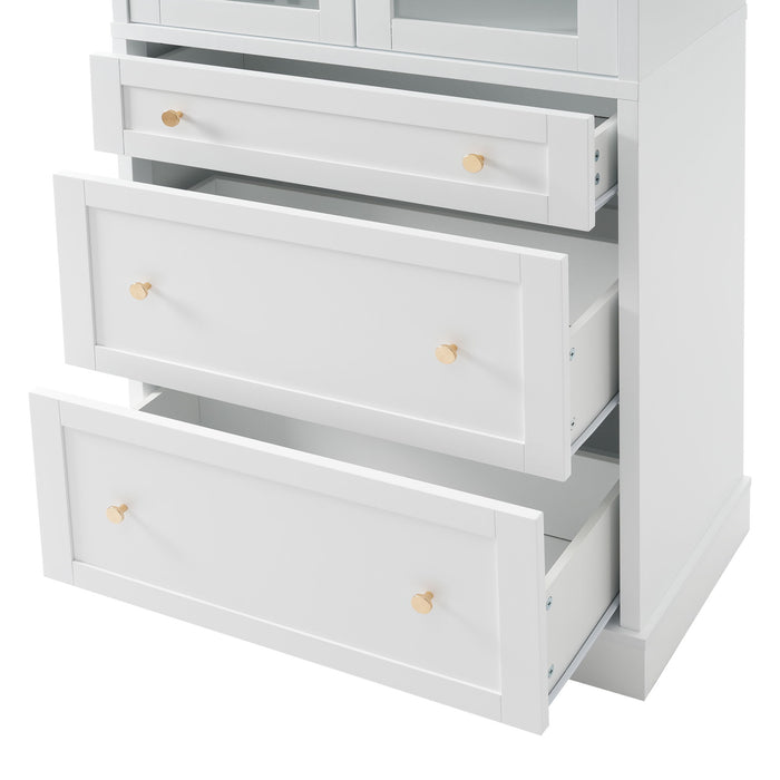 Freestanding Tall Bathroom Cabinet With Adjustable Shelves, Drawers, Soft Close Glass Doors