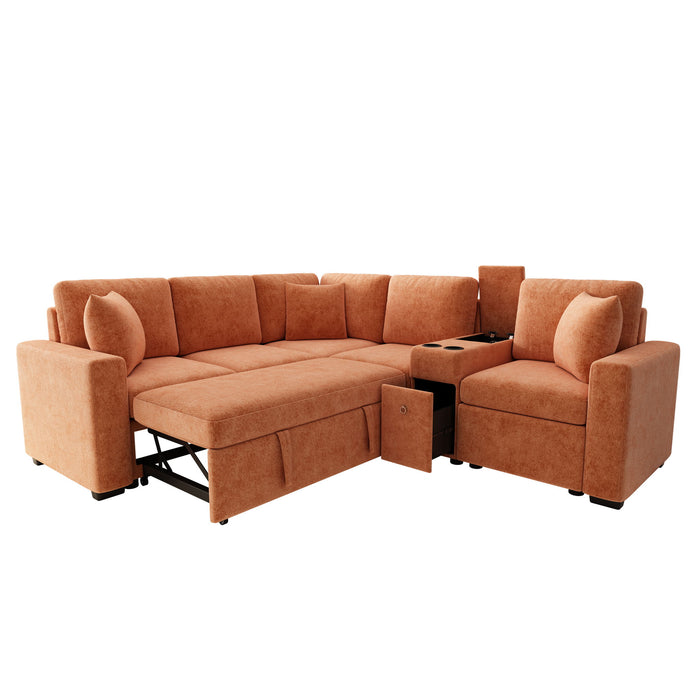 Contemporary L Shaped Convertible Sofa Bed With Pull Out Bed, Cup Holders, And Storage