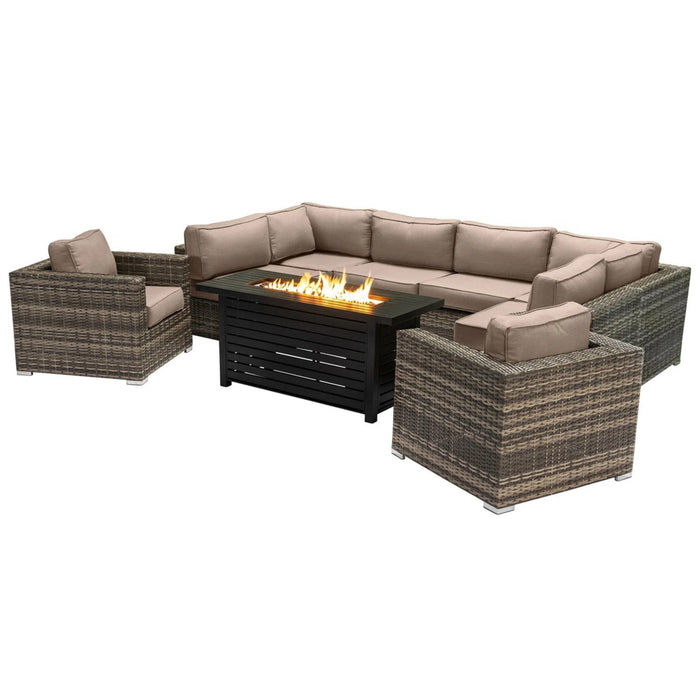 9 Piece Outdoor Sectional Set With Fire Pit Table And Cushions - Beige